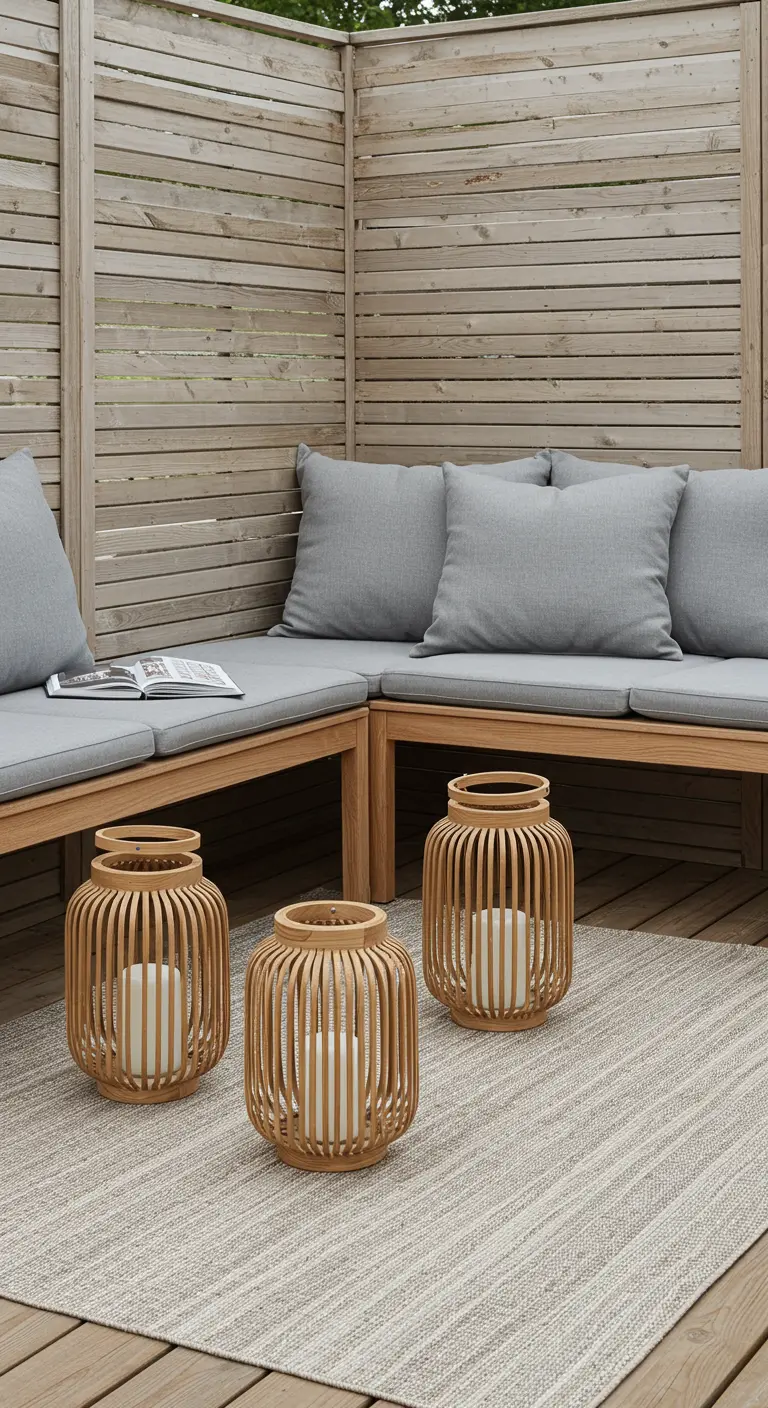 Patio minimalista de madera con banco en L, cojines grises y faroles de bambú.