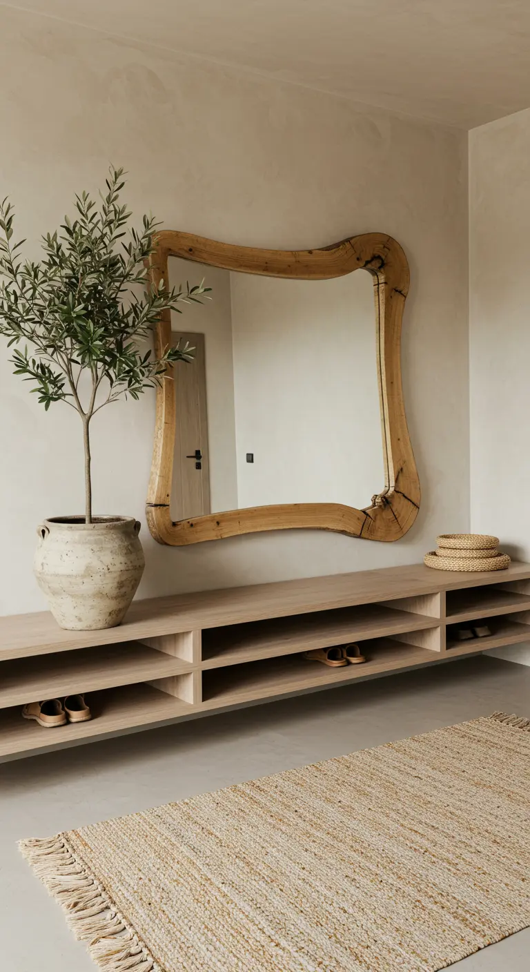Recibidor de estilo orgánico con banco zapatero flotante y un espejo de madera con forma irregular.