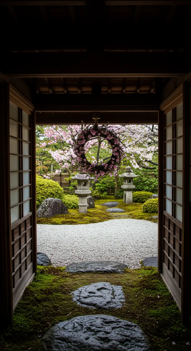 Corona de flores de cerezo vista a través de una puerta japonesa.