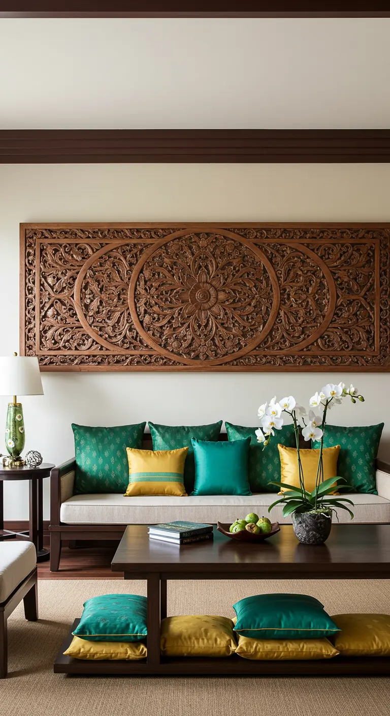 Sala de estar de inspiración tailandesa con un panel de madera tallada y cojines de seda verde y amarilla.