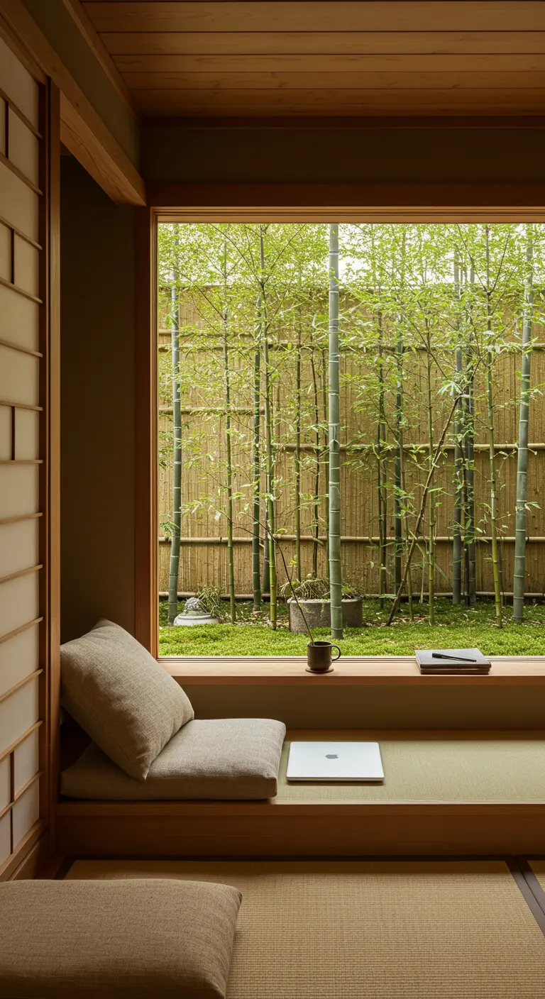 Rincón de trabajo de estilo japonés a nivel del suelo con vistas a un jardín de bambú.