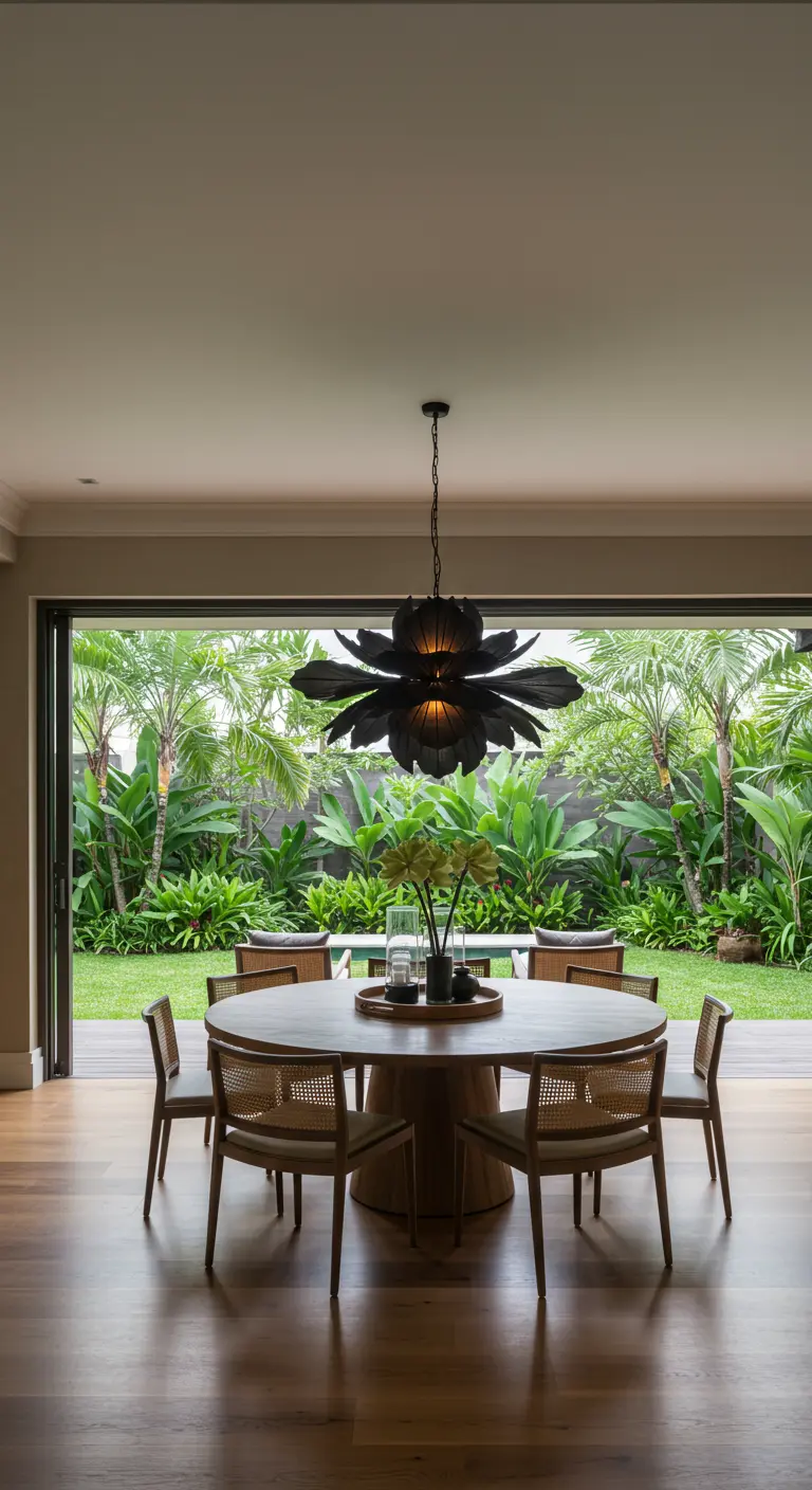 Comedor con vistas a un jardín tropical y una lámpara negra en forma de flor.