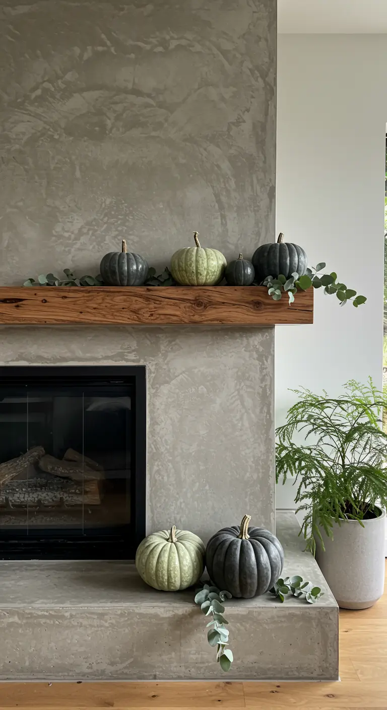 Chimenea de concreto con repisa de madera y una sencilla disposición de calabazas verdes y grises.