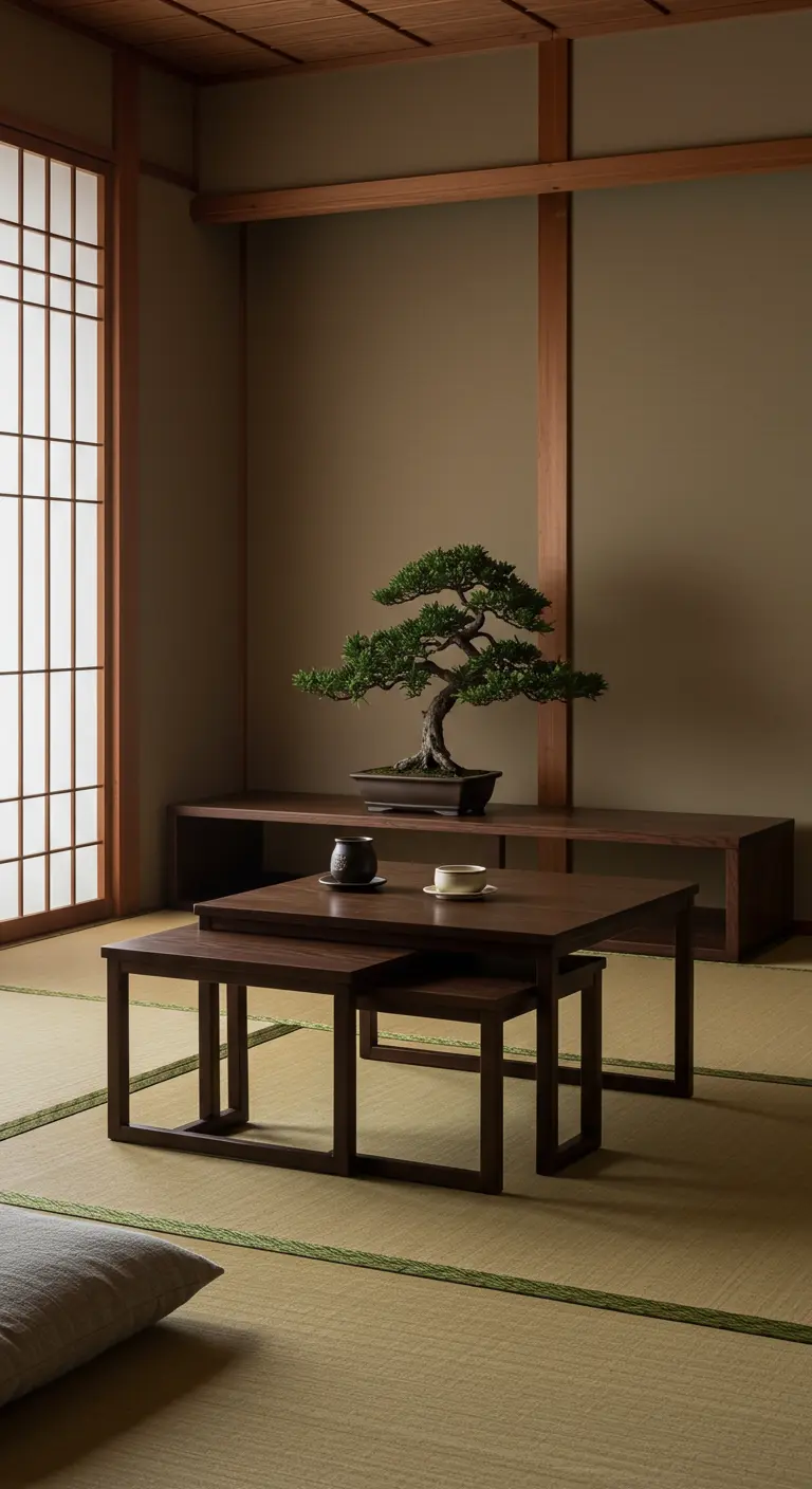 Mesas nido de madera oscura de diseño minimalista en un espacio de inspiración japonesa