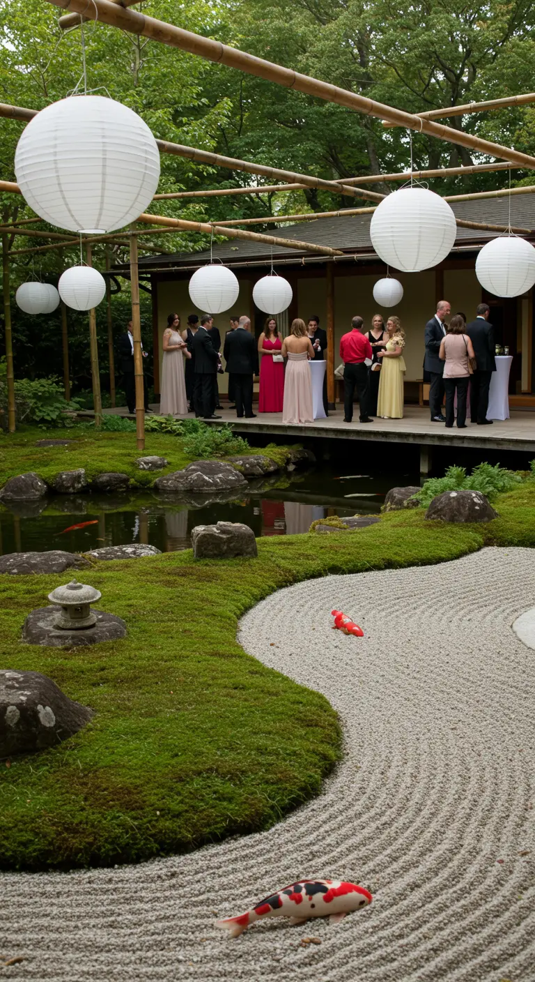 Jardín zen con estanque y lámparas de papel colgando de una estructura de bambú.