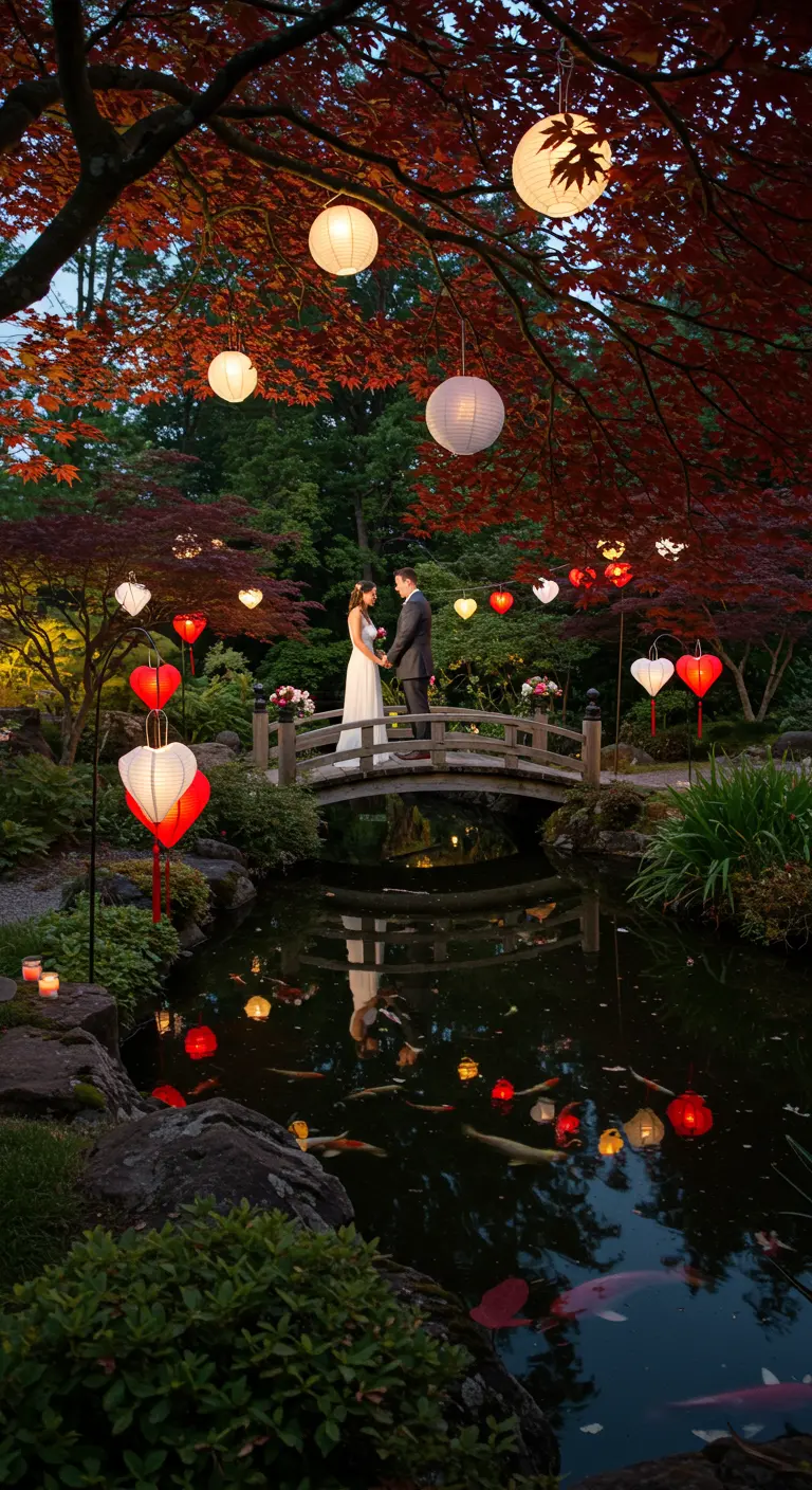 Pareja de novios en un puente de jardín japonés rodeados de farolillos de corazón.