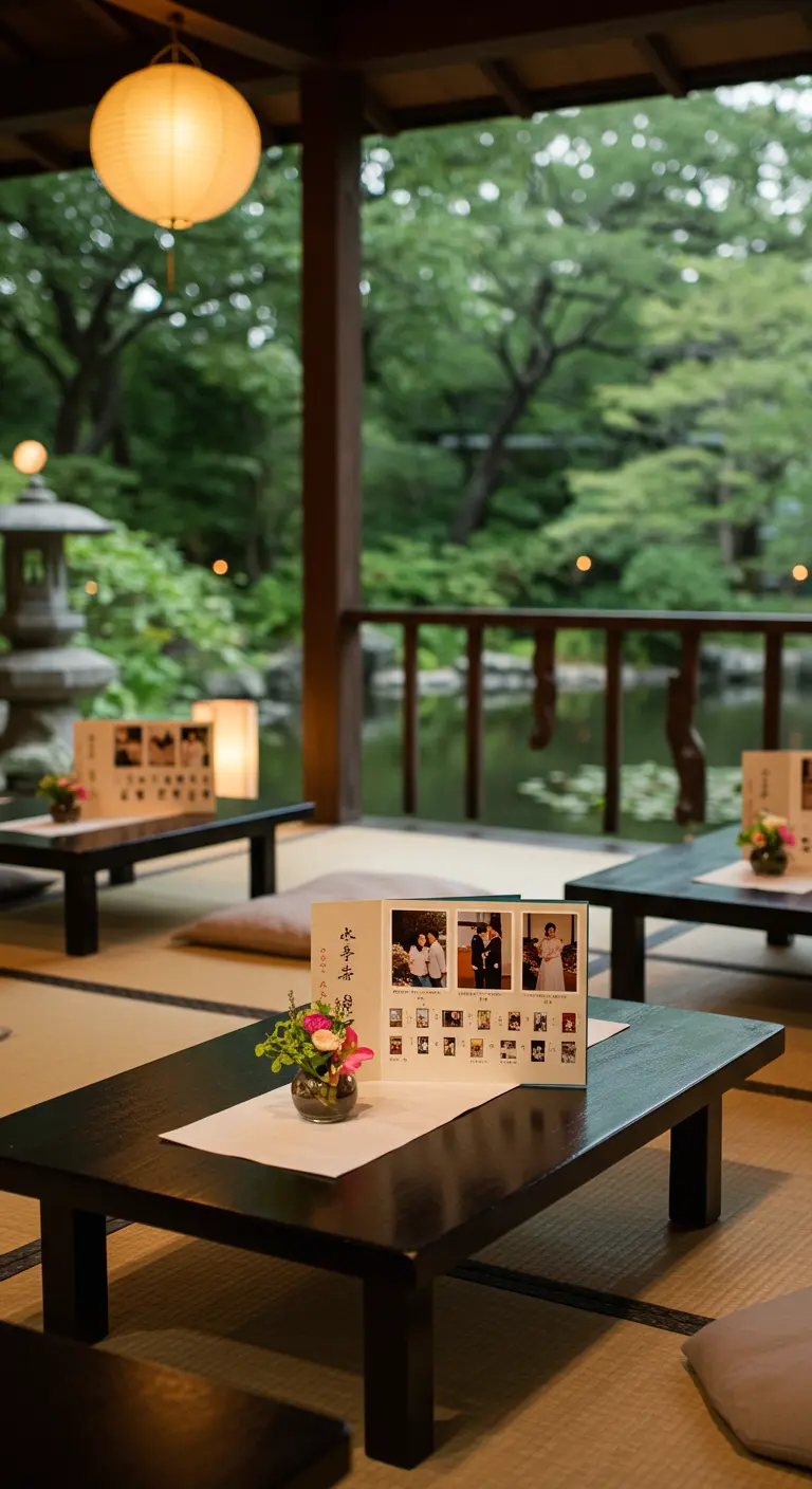 Tarjeta plegable con un collage de fotos de la pareja sobre una mesa baja en un jardín japonés.