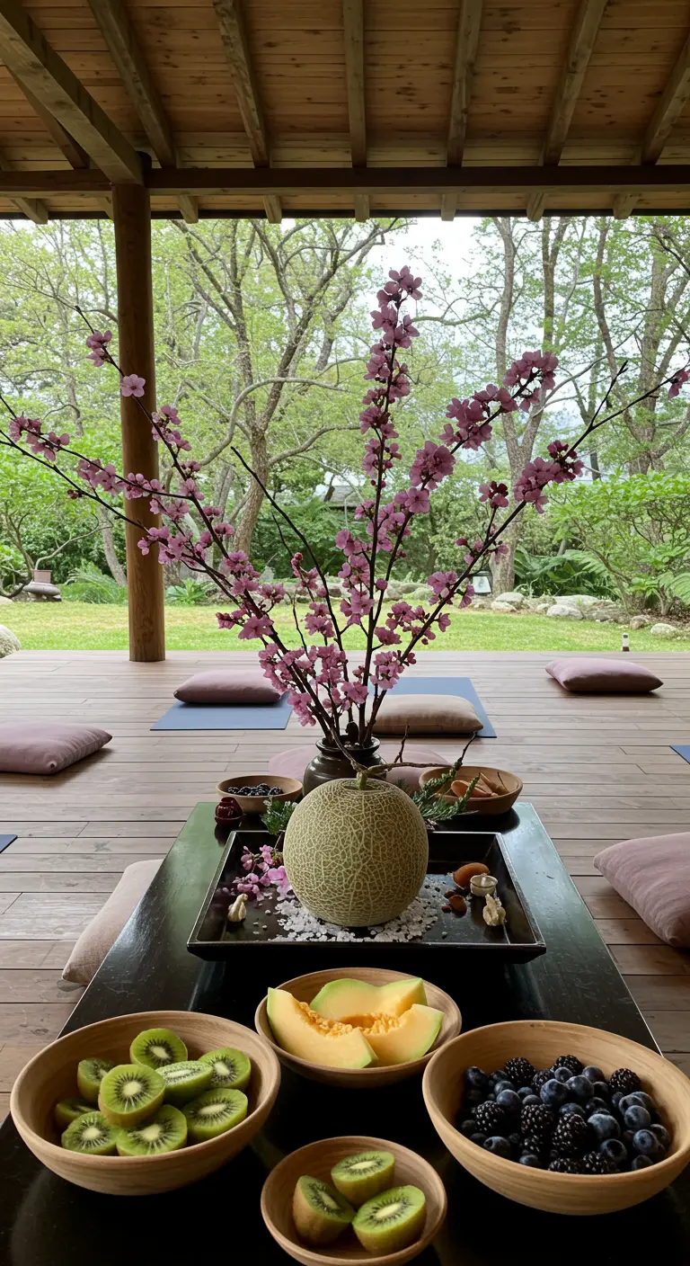 Mesa baja de estilo japonés con ramas de cerezo en flor y cuencos de fruta fresca.