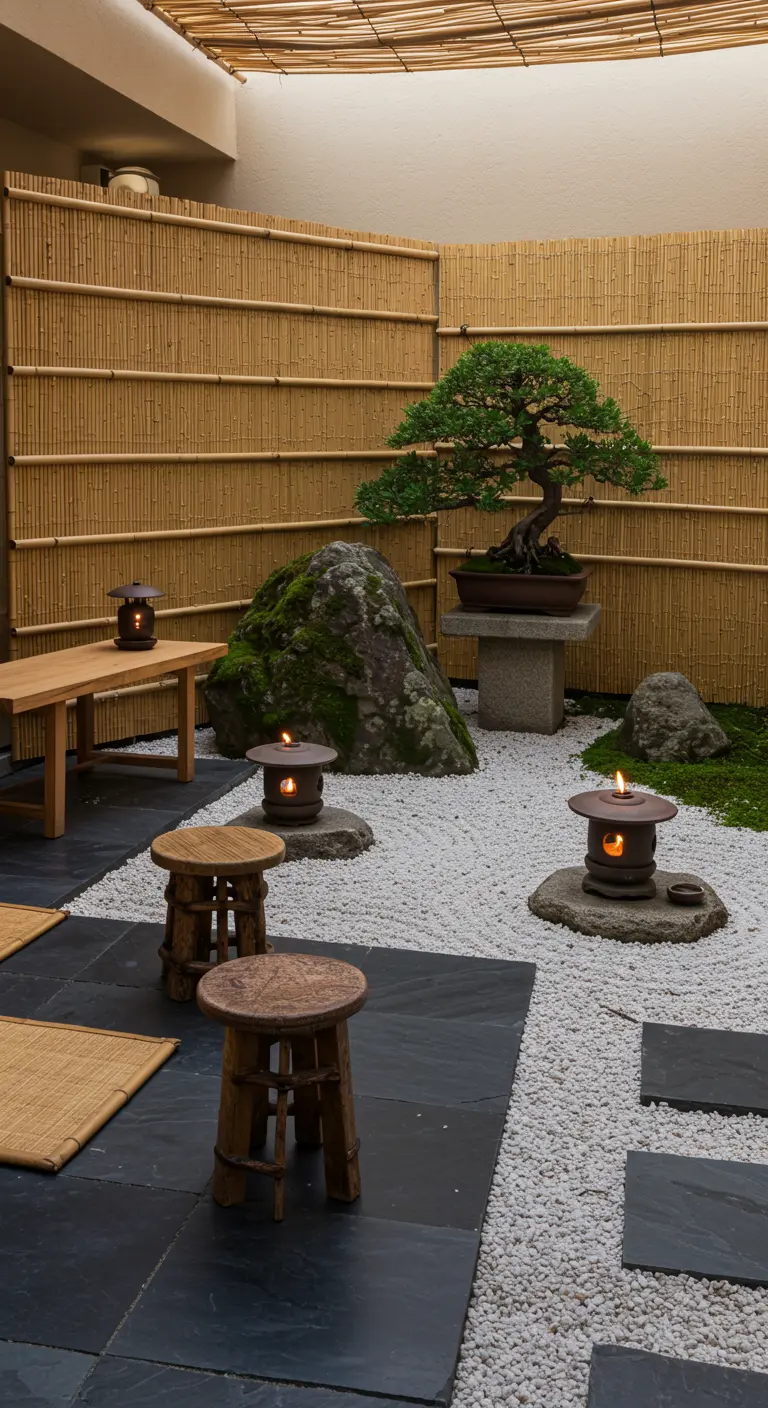 Patio de estilo japonés con grava blanca, taburetes de madera y lámparas de aceite en piedra