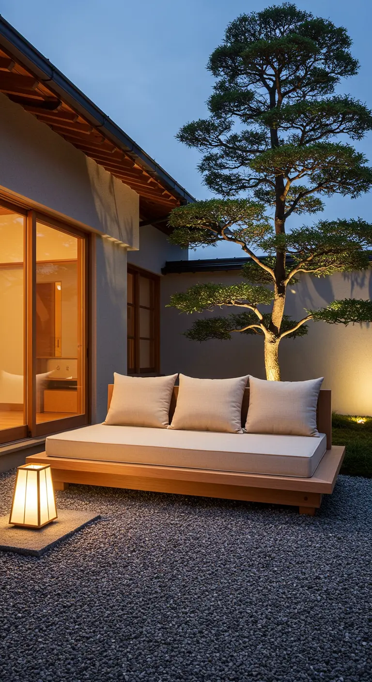 Patio minimalista de estilo japonés con un sofá bajo de madera y un árbol iluminado