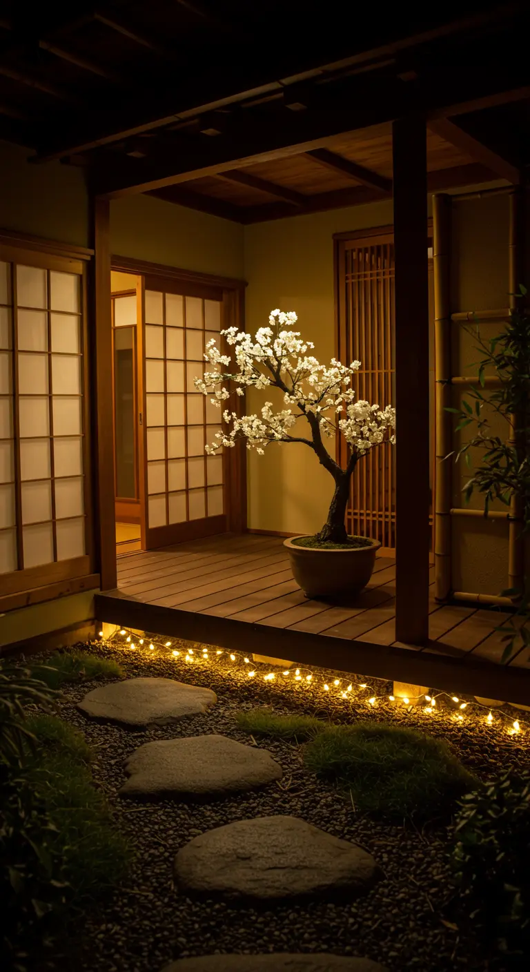 Patio de estilo japonés con un porche de madera bordeado de luces y un bonsái de flores blancas.