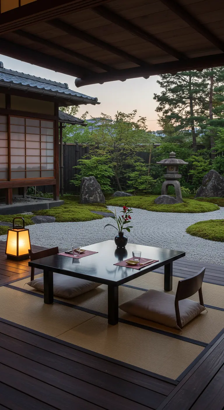 Mesa baja de estilo japonés en un porche de madera con cojines en el suelo y vistas a un jardín zen.