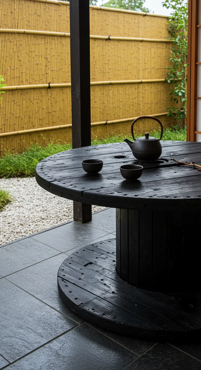 Mesa baja de carrete de madera teñida de negro en un patio de estilo japonés.