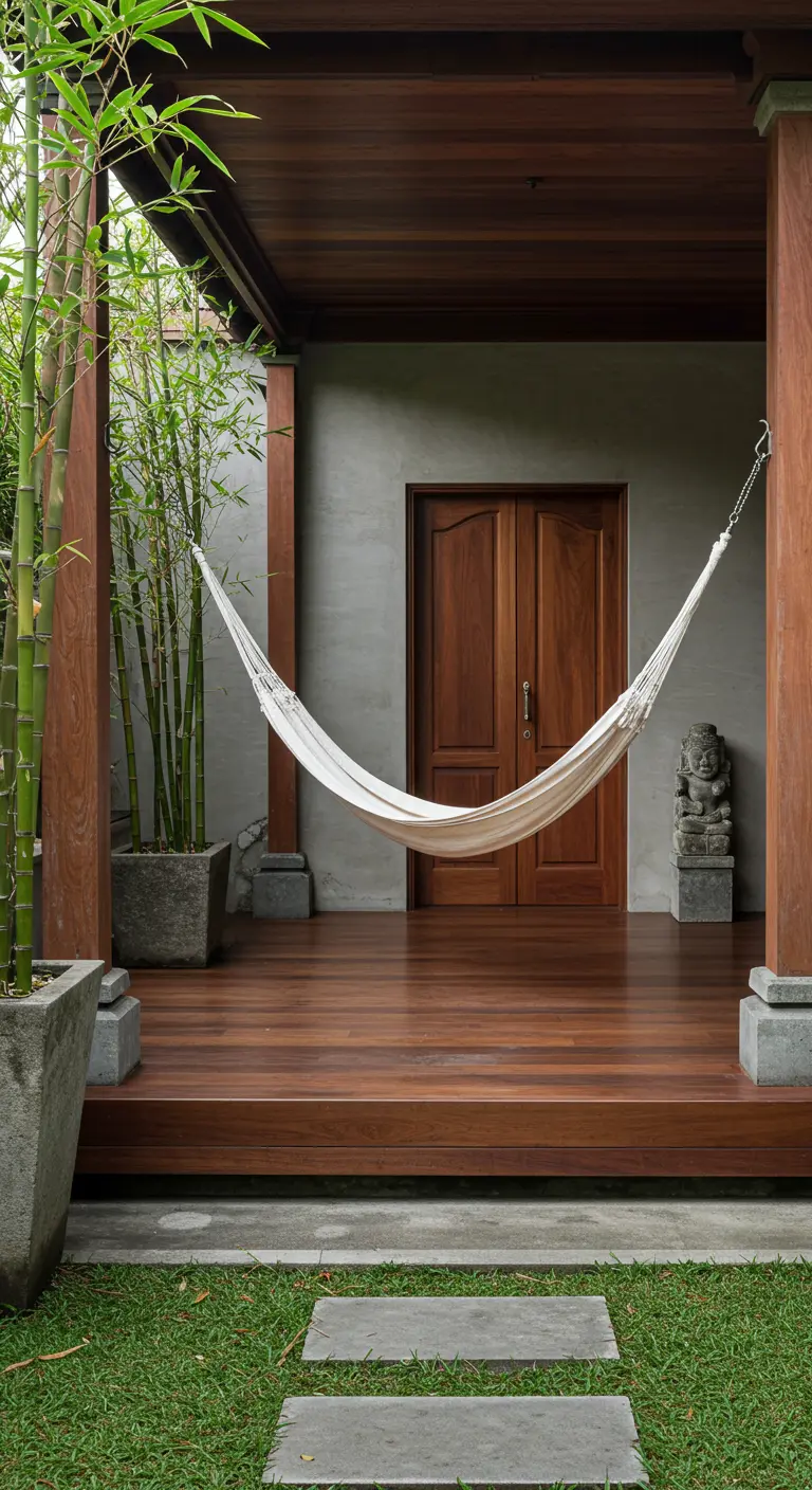 Porche de inspiración zen con suelo de madera, bambú en macetas y una hamaca blanca.