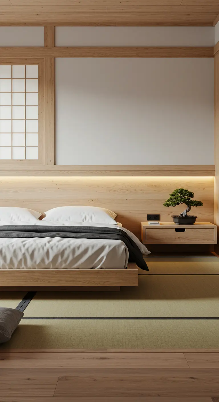Cabecero minimalista de madera clara con luz LED integrada en un dormitorio de inspiración japonesa