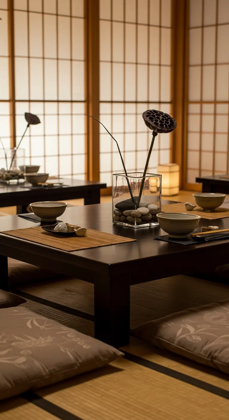 Mesa baja de estilo japonés con un centro de mesa de vainas de loto seco en un jarrón con piedras.