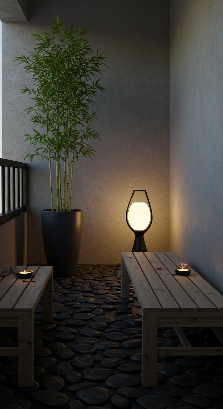 Balcón minimalista con suelo de cantos rodados, bancos de madera, bambú y luz tenue.