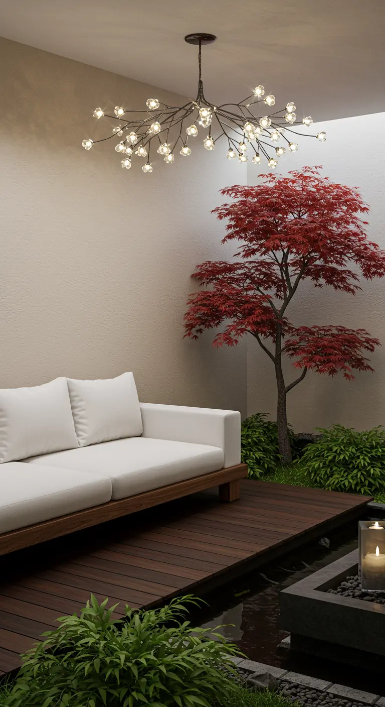 Patio de estilo zen con tarima de madera, arce japonés y una lámpara moderna en forma de ramas