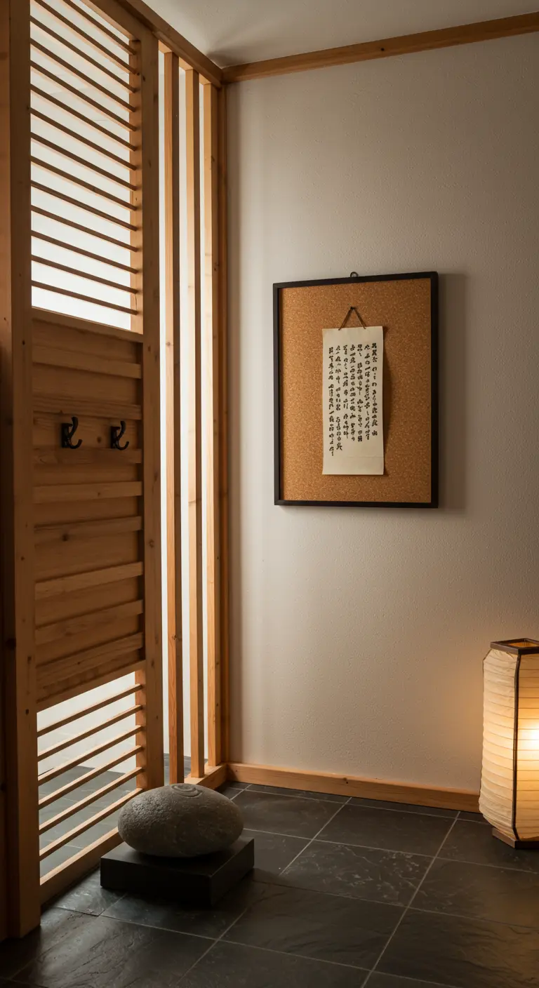 Entrada de inspiración japonesa con listones de madera, un tablero de corcho con caligrafía y luz cálida.