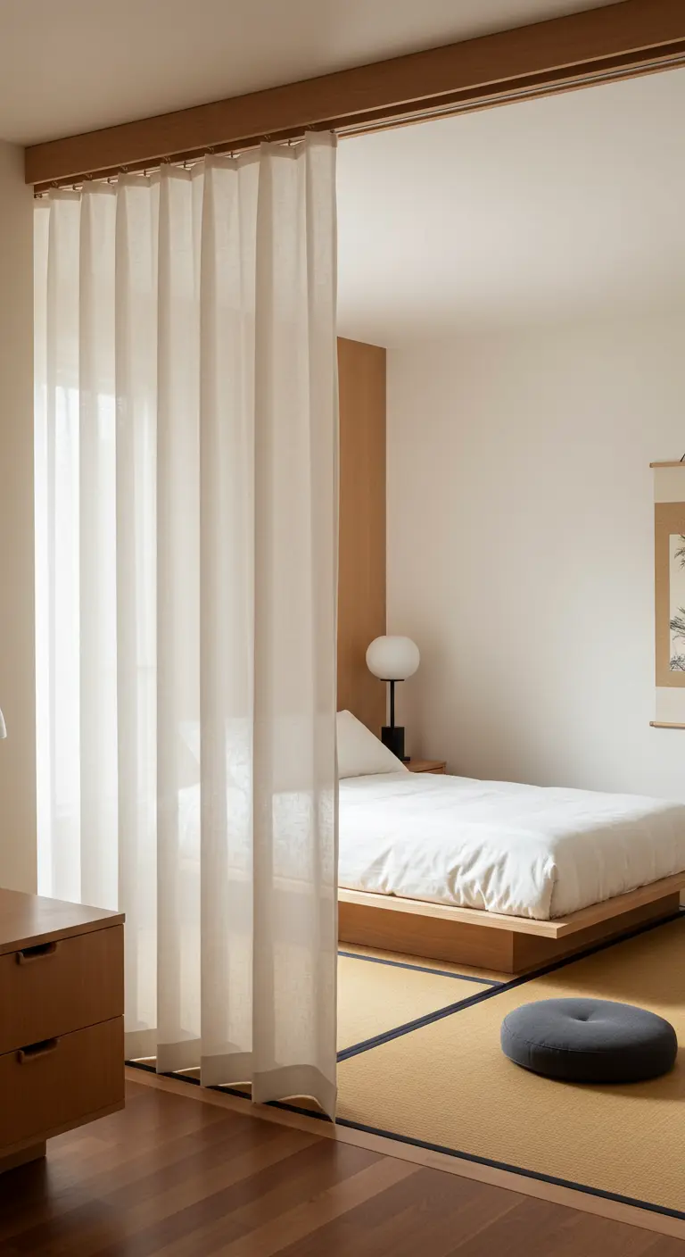 Cortina blanca semitransparente dividiendo un dormitorio de inspiración japonesa con tatami.