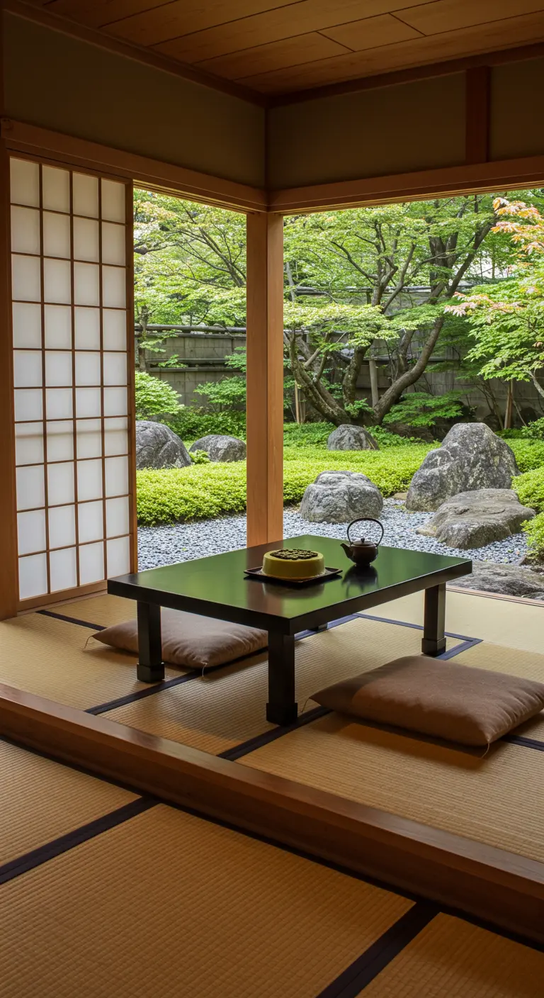 Salón japonés con mesa baja, cojines en el suelo y vistas a un jardín zen.