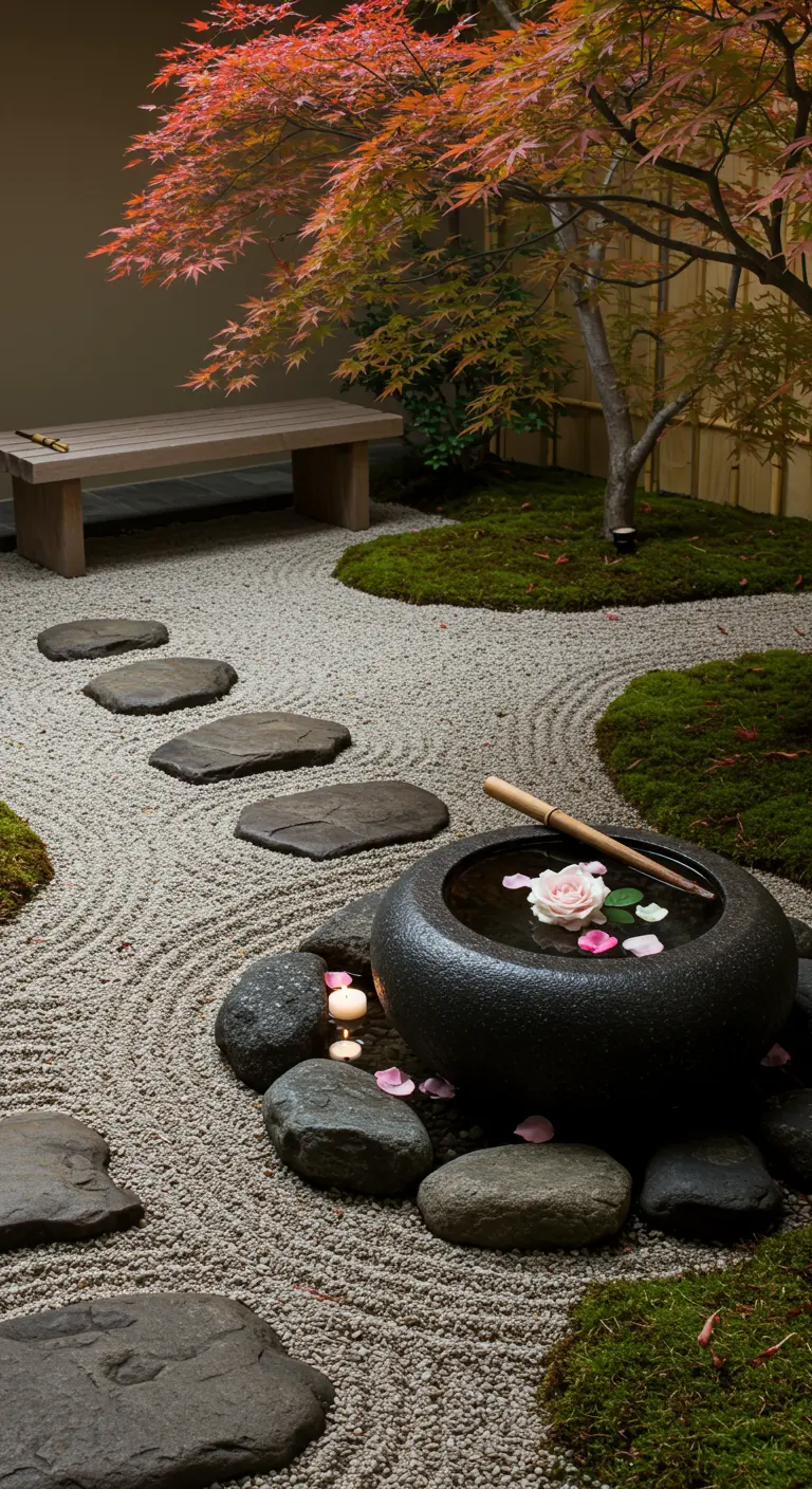 Jardín zen con un cuenco de piedra con agua, una rosa, pétalos y velas.
