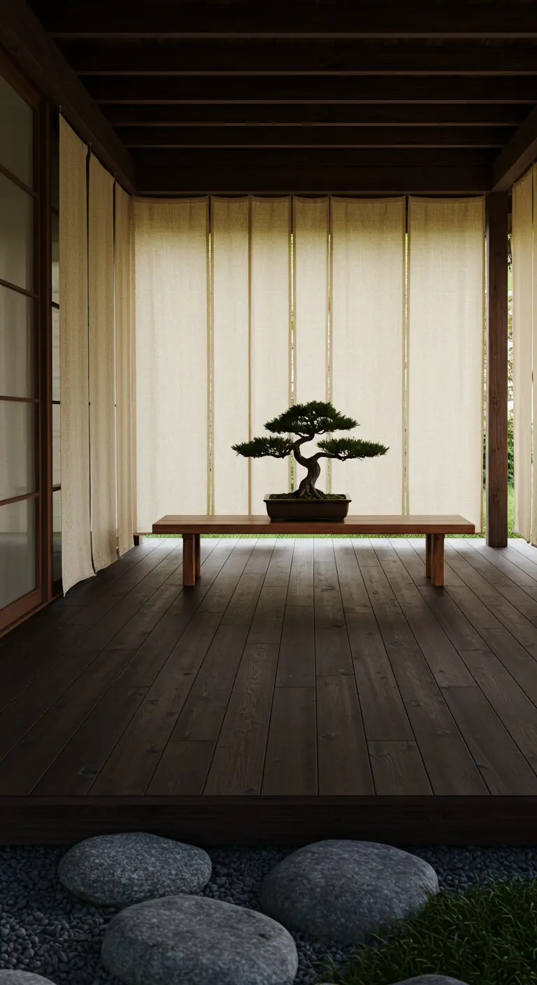 Espacio minimalista de inspiración japonesa con paneles de tela, suelo de madera oscura y un bonsái.