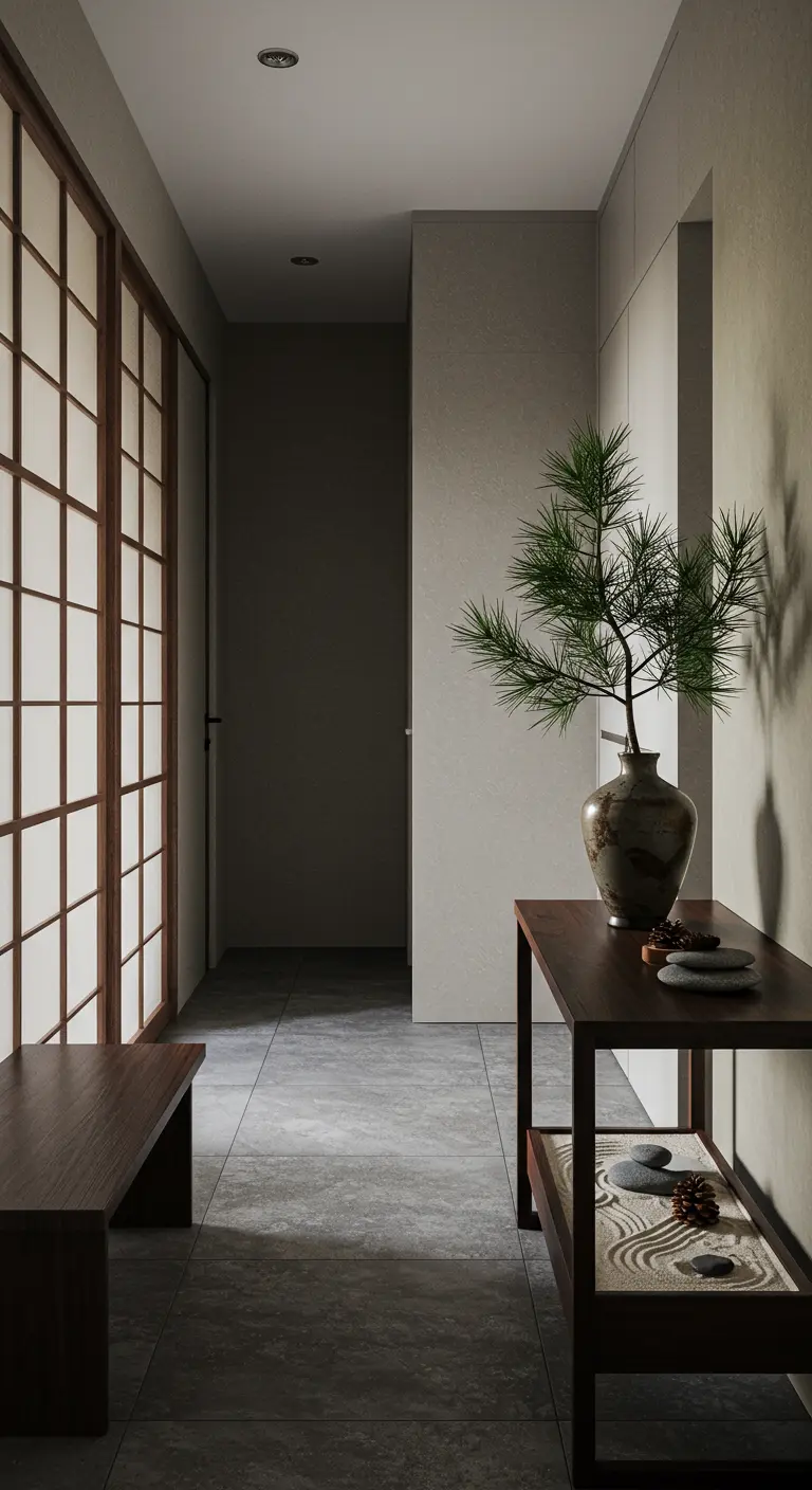 Recibidor de estilo japonés con consola de madera oscura y un jardín zen en miniatura.