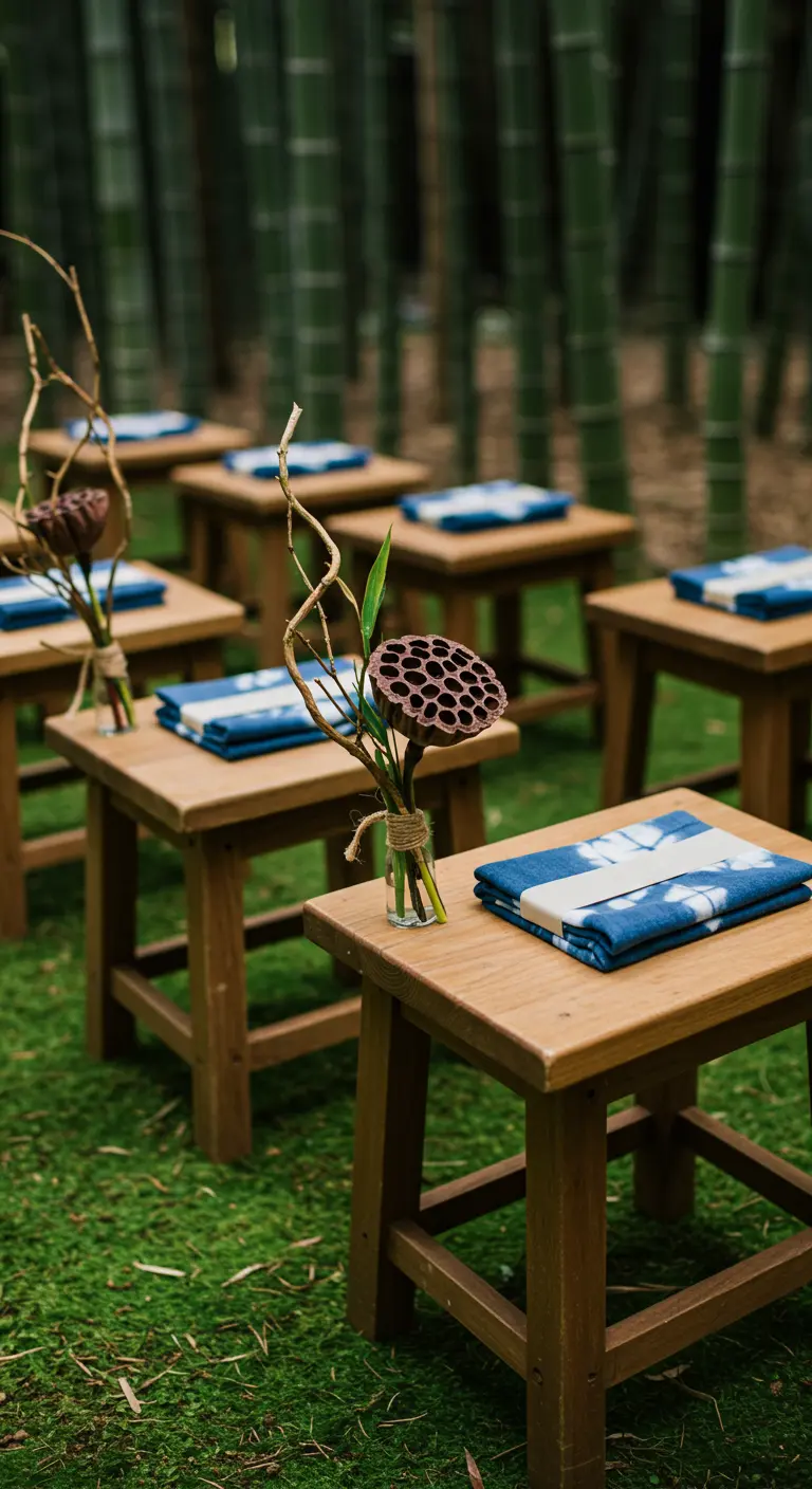 Taburetes de madera con tela teñida de índigo y una vaina de loto seca.