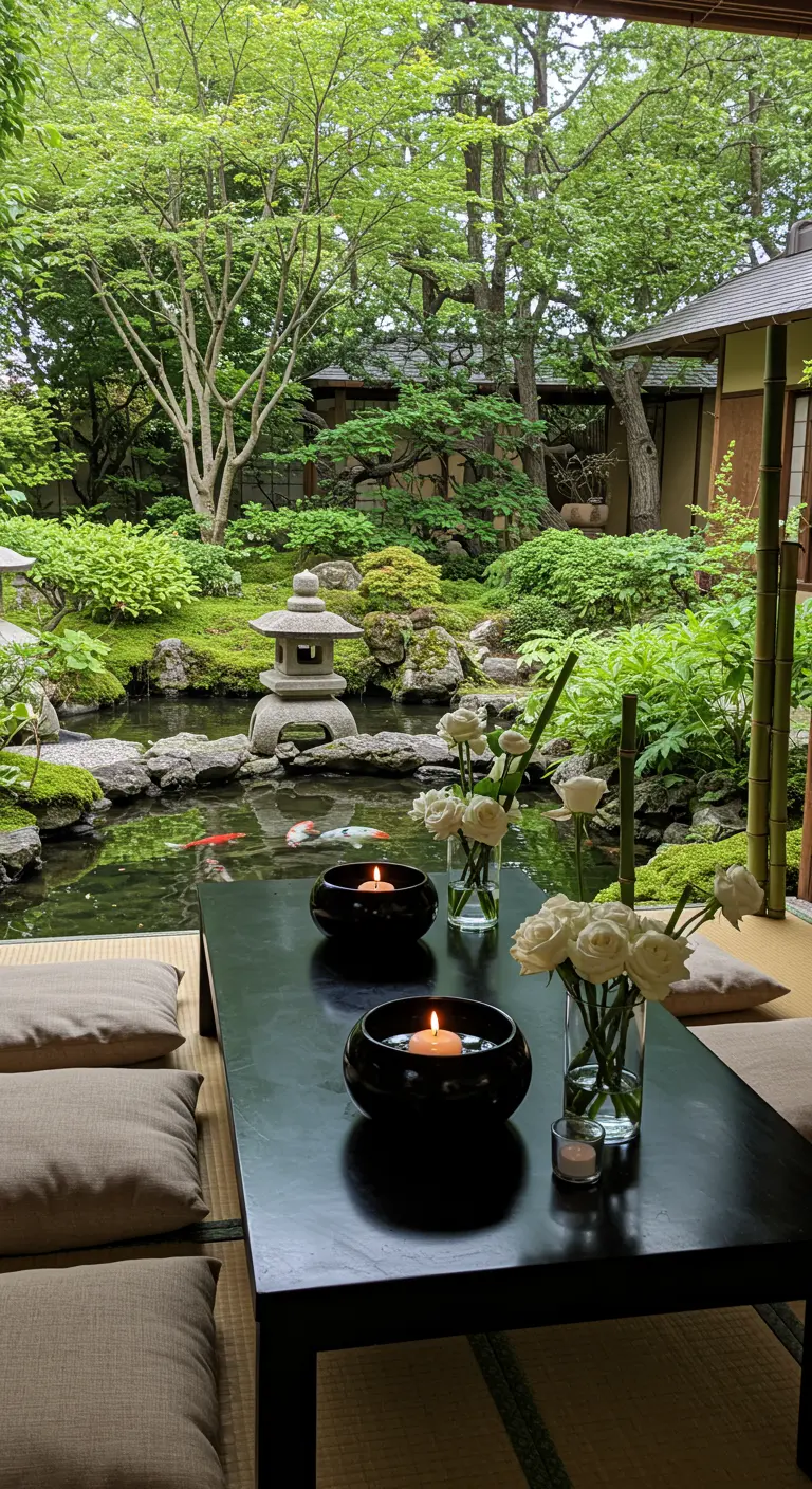 Mesa baja de estilo japonés junto a un estanque koi, con cuencos negros y velas flotantes.