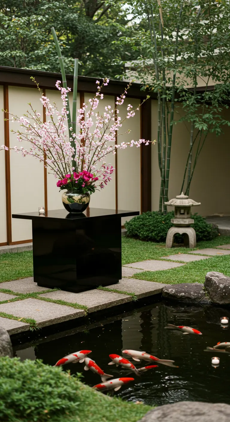Mesa de bar negra minimalista junto a un estanque koi, con un gran arreglo floral de estilo Ikebana.