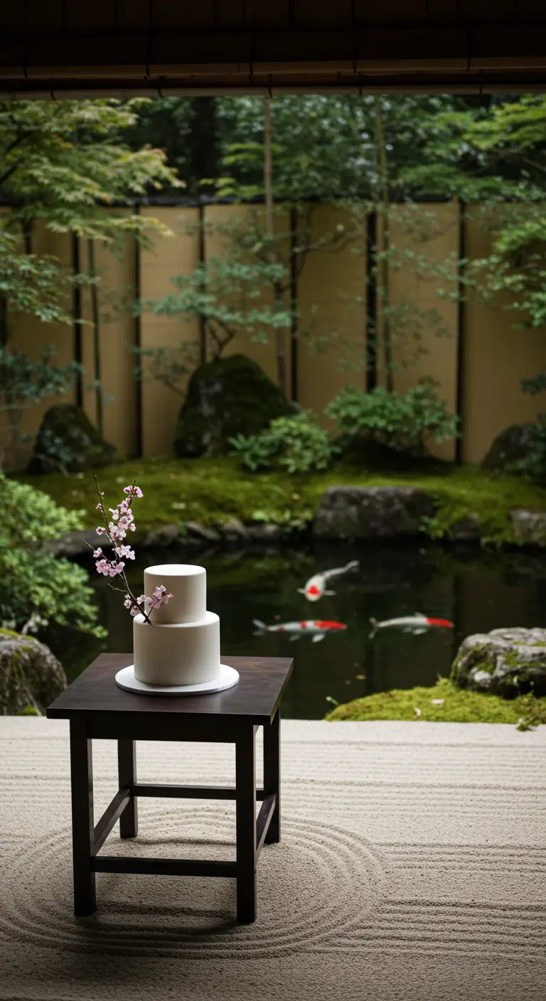 Pastel de bodas blanco minimalista con una rama de flor de cerezo en un jardín japonés.