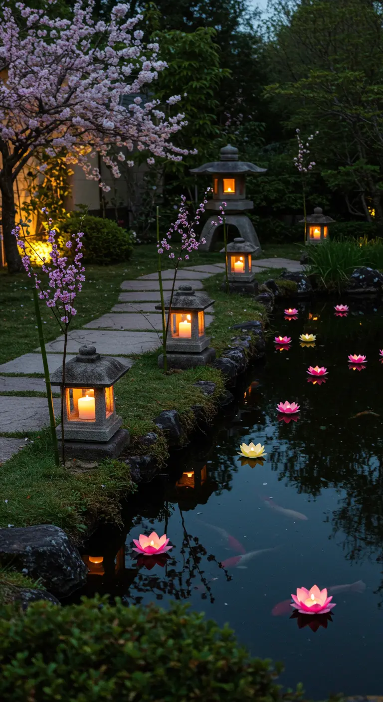Estanque de un jardín japonés por la noche, con farolillos de piedra y velas flotantes de loto.