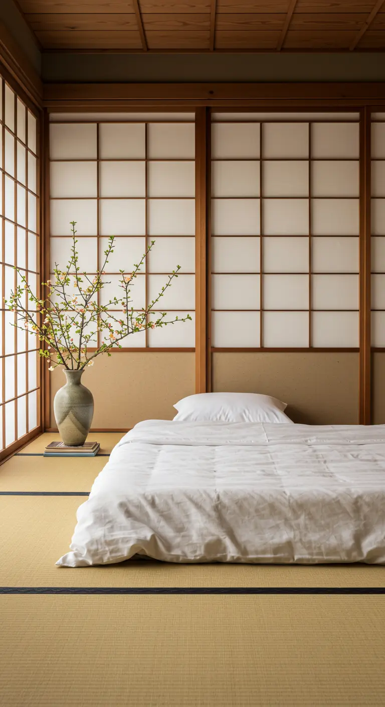 Dormitorio minimalista de estilo japonés con futón en tatami y puertas correderas shoji.