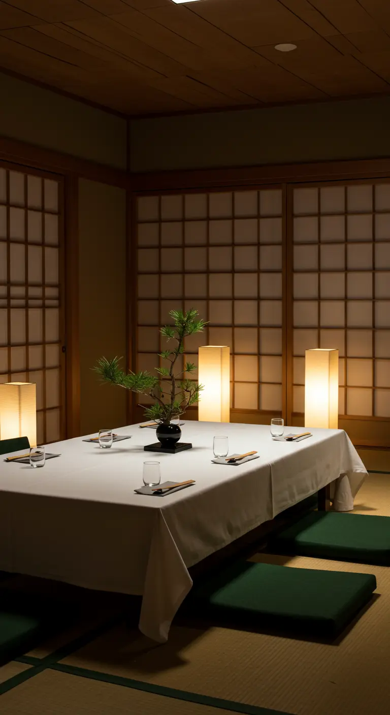 Mesa baja de estilo japonés con cojines en el suelo y un arreglo minimalista de pino.