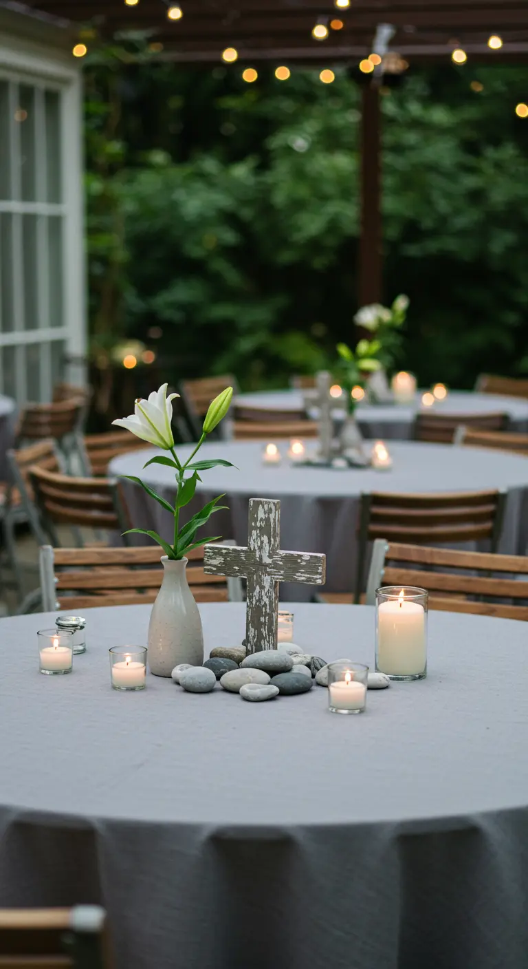 Centro de mesa con cruz de piedra, lirio blanco en jarrón, piedras de río y velas pequeñas.