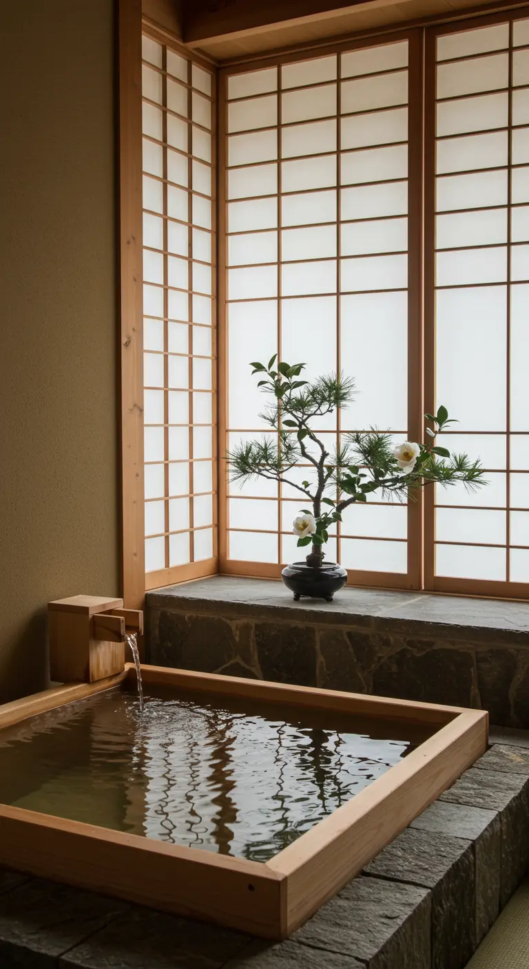 Pequeño bonsái con flores blancas junto a una bañera de inmersión japonesa de madera.