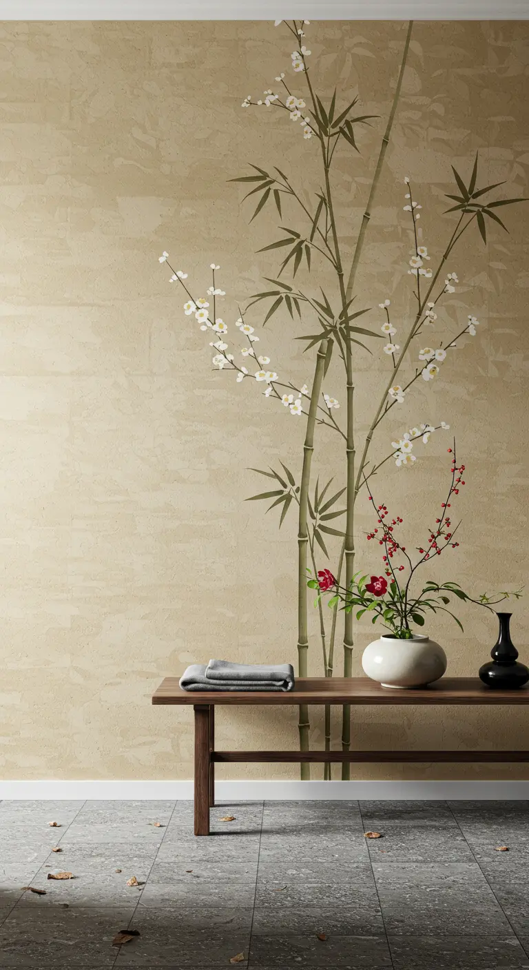 Pared de entrada con papel tapiz de estilo japonés con bambú y flores, y un banco de madera bajo.