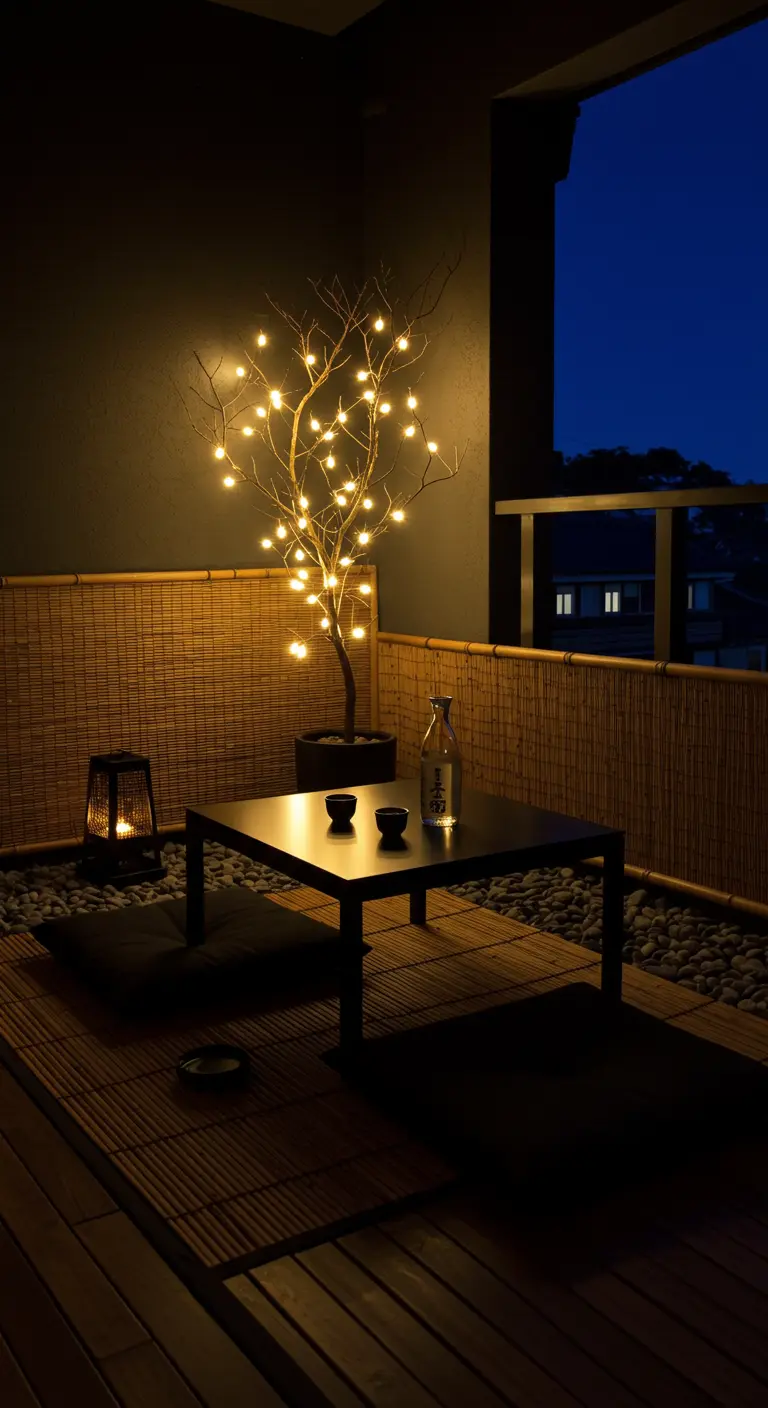 Balcón minimalista de estilo japonés con mesa baja, cojines en el suelo y un árbol iluminado.