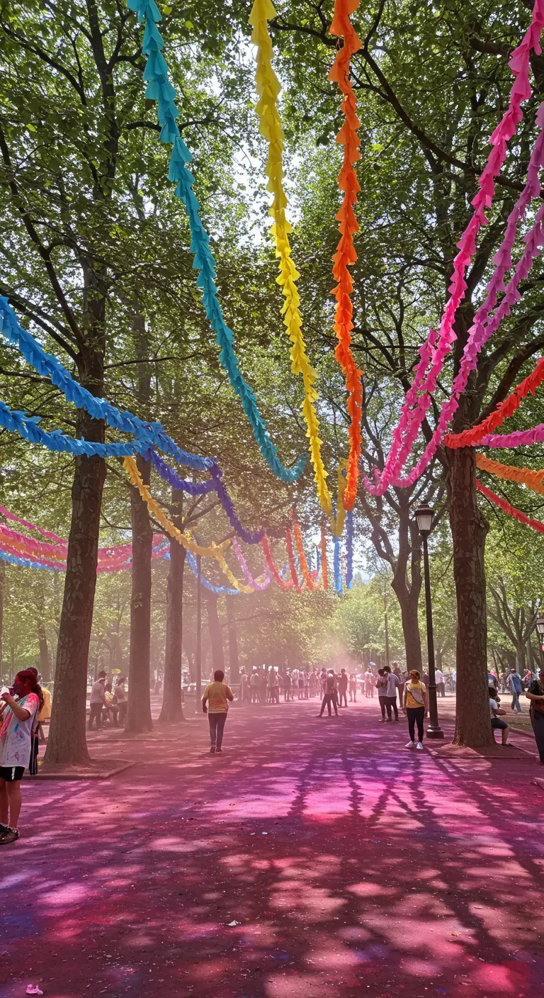 Parque lleno de gente con serpentinas de papel de colores colgando de los árboles.