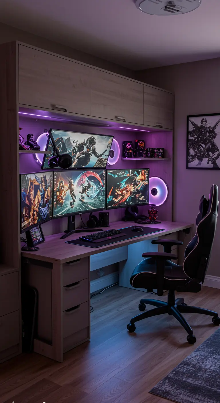 Estación de juego con múltiples monitores y luces LED, con una cama abatible oculta.