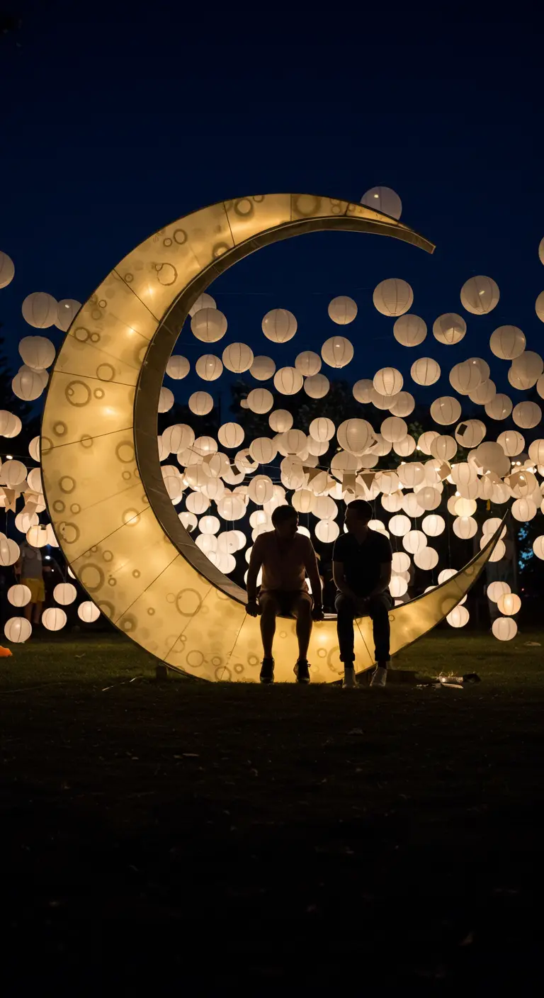Una gran luna creciente iluminada rodeada de lámparas de papel como fondo fotográfico.