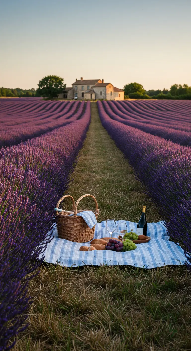 Cesta de picnic y vino en un campo de lavanda con una casa de campo al fondo.