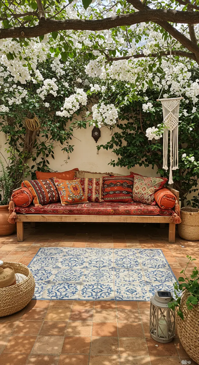 Rincón boho con un sofá de madera lleno de cojines, una alfombra de azulejos y una buganvilla blanca.