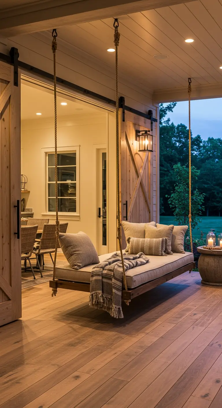 Porche con una cama columpio colgante llena de cojines junto a una puerta de granero abierta.