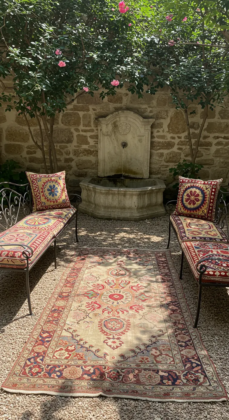 Patio de piedra con fuente, dos tumbonas de forja con cojines coloridos y una alfombra.