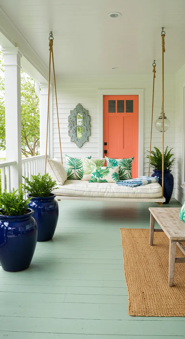 Porche luminoso con un columpio-cama blanco, cojines tropicales y puerta coral