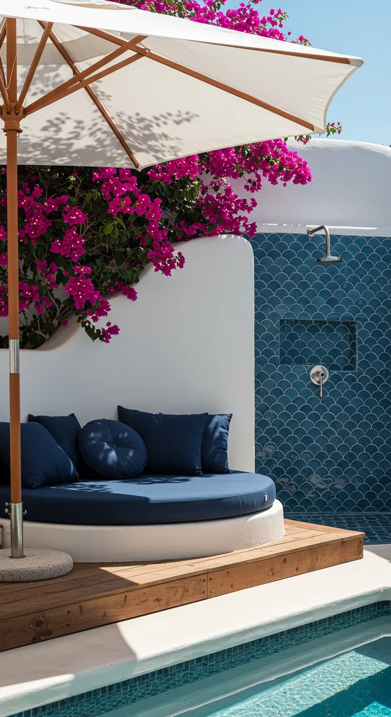 Cama de día redonda junto a una piscina, con cojines azules y una ducha con azulejos de escamas.