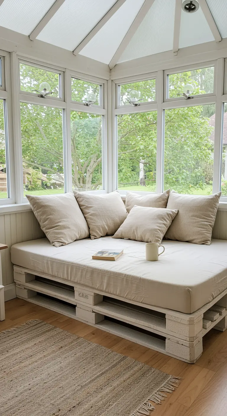 Sofá cama hecho con pallets pintados de blanco y un colchón beige en un porche acristalado.