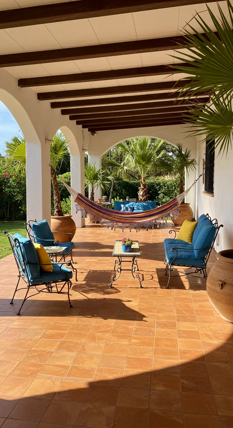 Porche de estilo mediterráneo con hamaca de rayas, muebles de hierro y cojines azules